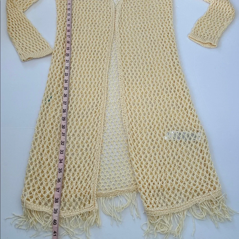 POL Women’s Cream Crochet Knitwear Boho Bohemian Open Front Cardigan Size Small